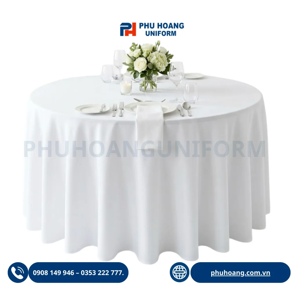 Hình ảnh dịch vụ cho thuê khăn trải bàn màu trắng chất lượng cao tại xưởng Phú Hoàng. Chúng tôi cung cấp đa dạng mẫu khăn tròn, khăn chữ nhật và khăn tiệc cocktail với chất liệu gấm hoặc Kate cao cấp, phẳng phiu, sạch sẽ tuyệt đối.