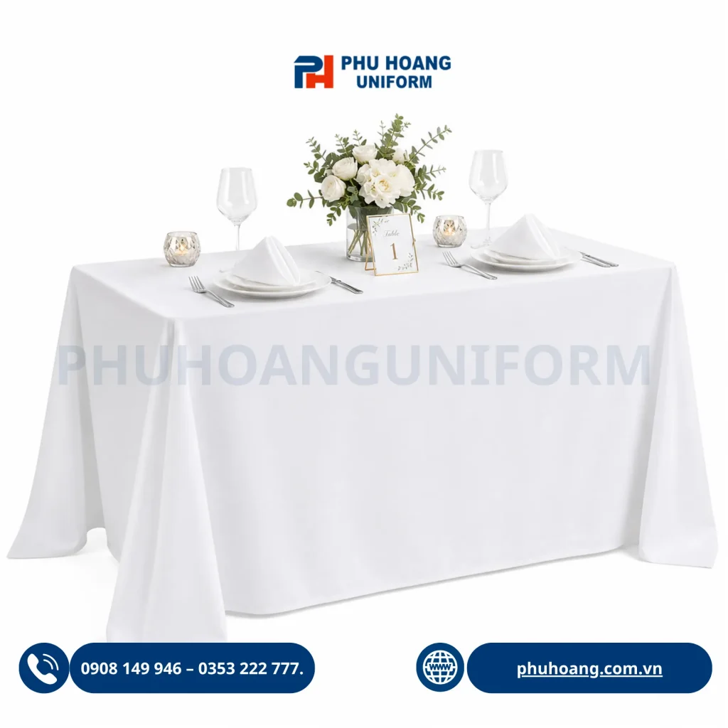 Hình ảnh dịch vụ cho thuê khăn trải bàn màu trắng chất lượng cao tại xưởng Phú Hoàng. Chúng tôi cung cấp đa dạng mẫu khăn tròn, khăn chữ nhật và khăn tiệc cocktail với chất liệu gấm hoặc Kate cao cấp, phẳng phiu, sạch sẽ tuyệt đối.