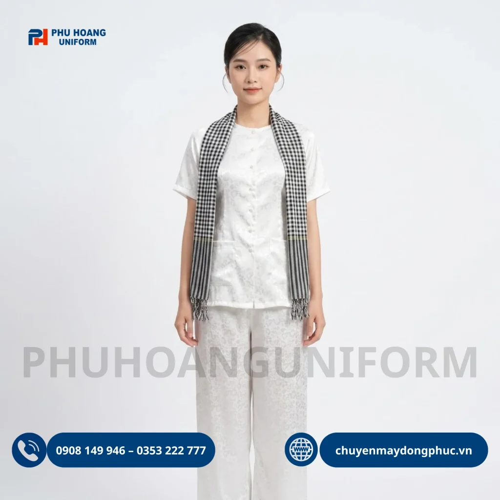 Áo bà ba nữ gấm trắng tay ngắn cho thuê và đặt may