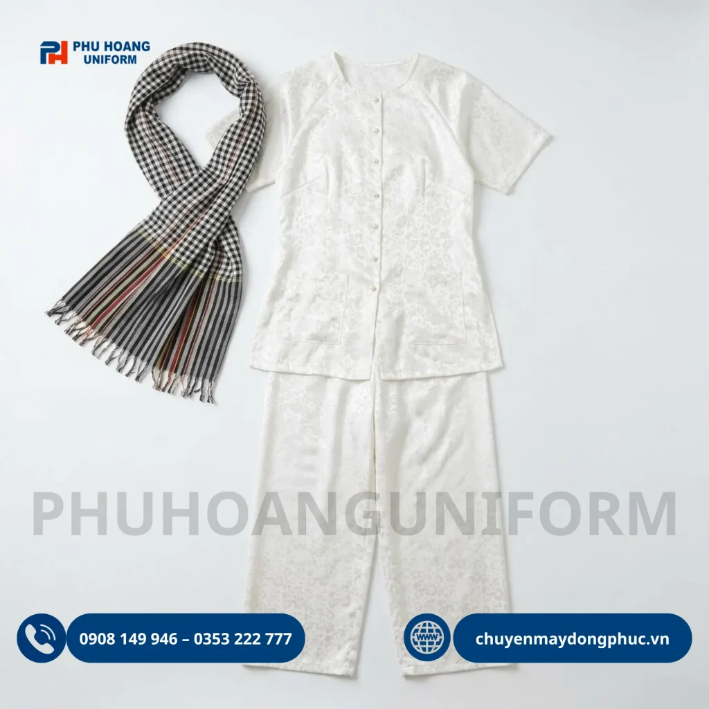 Áo bà ba nữ gấm trắng tay ngắn cho thuê và đặt may