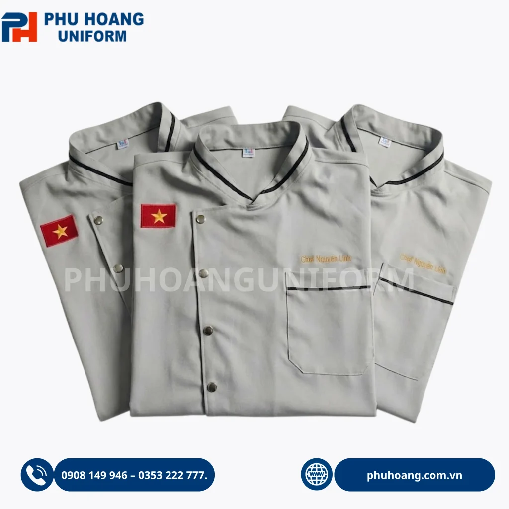 Áo bếp đặt may theo mẫu, thiết kế chuyên nghiệp, in thêu logo theo yêu cầu, phù hợp cho nhà hàng, khách sạn và bếp ăn.
