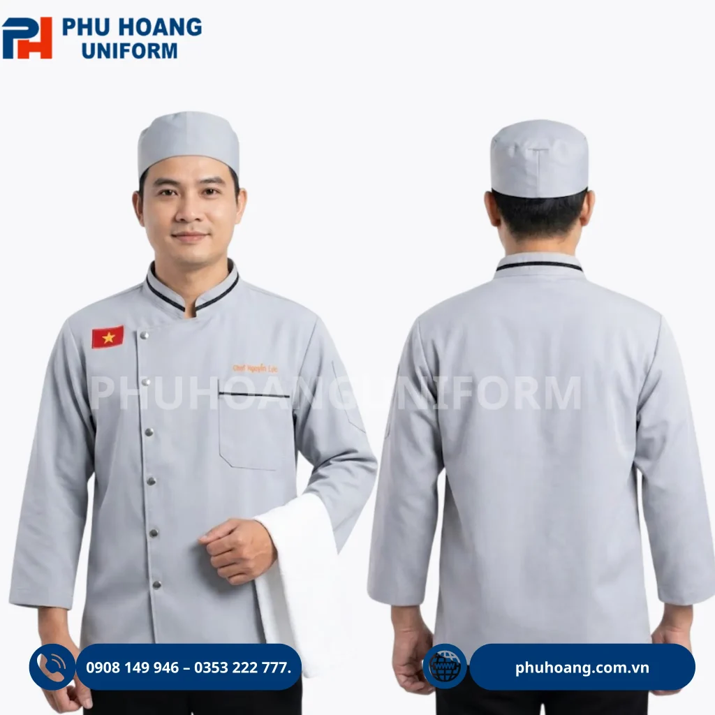 Áo bếp đặt may theo mẫu, thiết kế chuyên nghiệp, in thêu logo theo yêu cầu, phù hợp cho nhà hàng, khách sạn và bếp ăn.