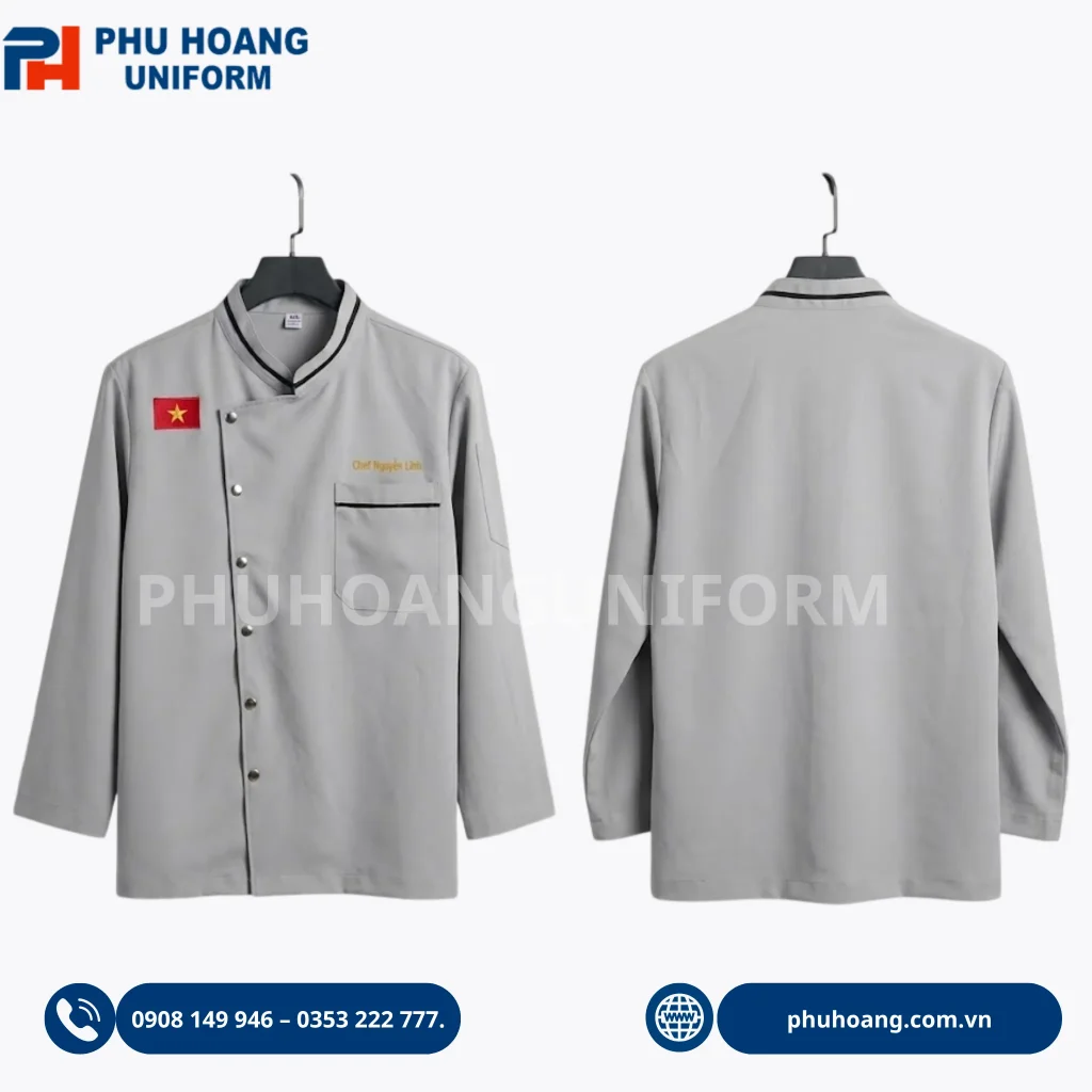 Áo bếp đặt may theo mẫu, thiết kế chuyên nghiệp, in thêu logo theo yêu cầu, phù hợp cho nhà hàng, khách sạn và bếp ăn.