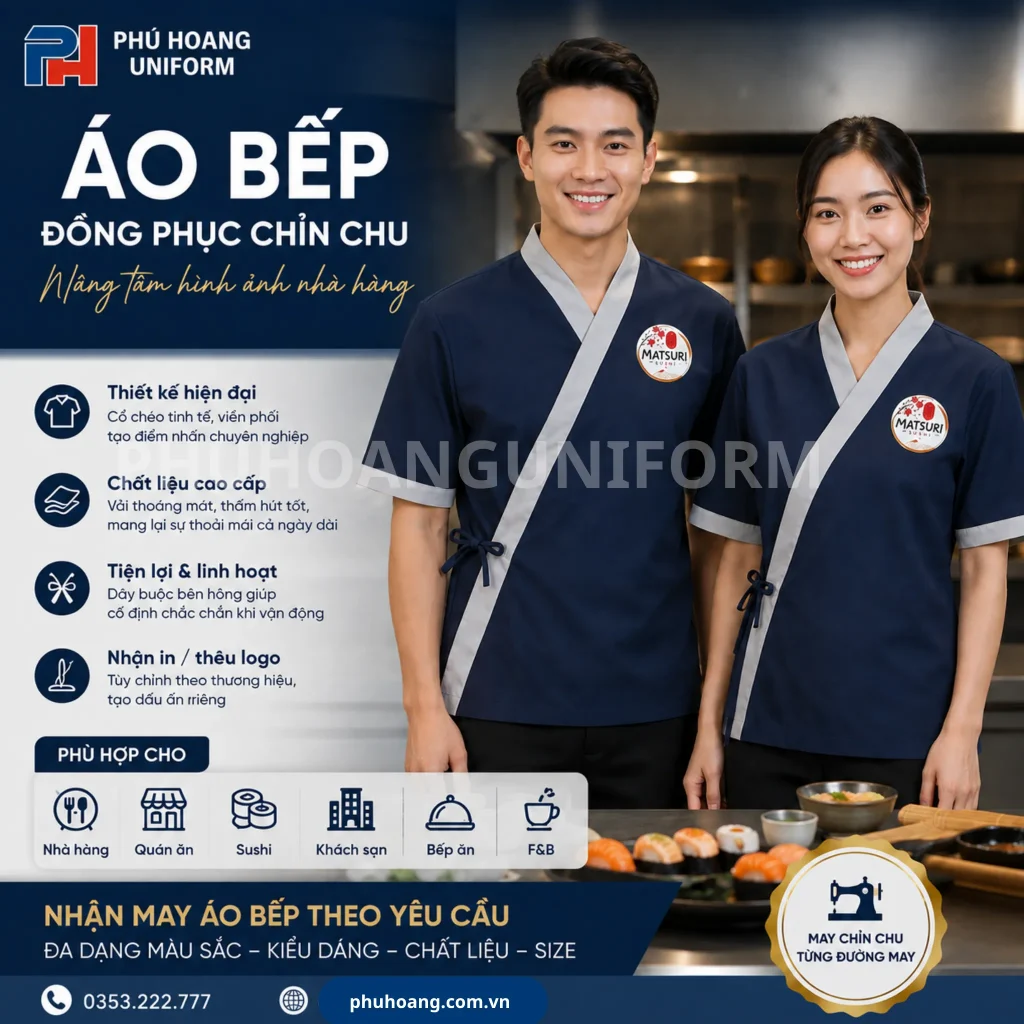 Áo bếp đặt may theo yêu cầu số lượng lớn Áo bếp đặt may theo yêu cầu số lượng lớn, thiết kế chuyên nghiệp, phù hợp đầu bếp nhà hàng, khách sạn, quán ăn và bếp công nghiệp. Nhận may áo bếp theo yêu cầu.