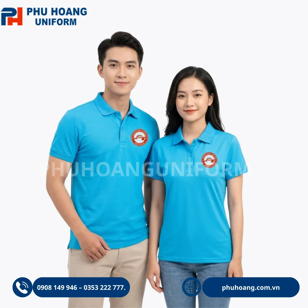 Áo polo đồng phục Phú Hoàng Uniform Áo polo đồng phục may bằng vải cotton, thiết kế lịch sự, thoải mái, phù hợp cho công ty, doanh nghiệp và đội nhóm.