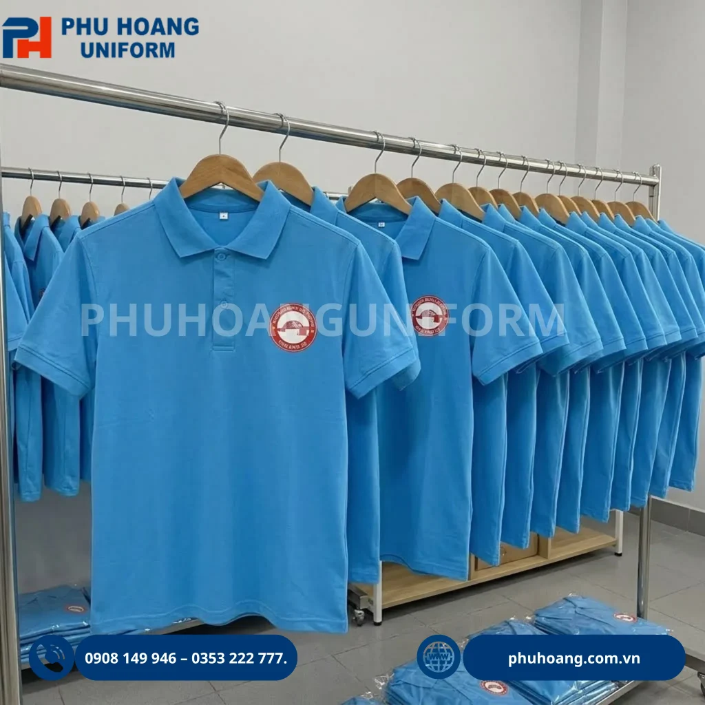 Áo polo đồng phục Phú Hoàng Uniform Áo polo đồng phục may bằng vải cotton, thiết kế lịch sự, thoải mái, phù hợp cho công ty, doanh nghiệp và đội nhóm.