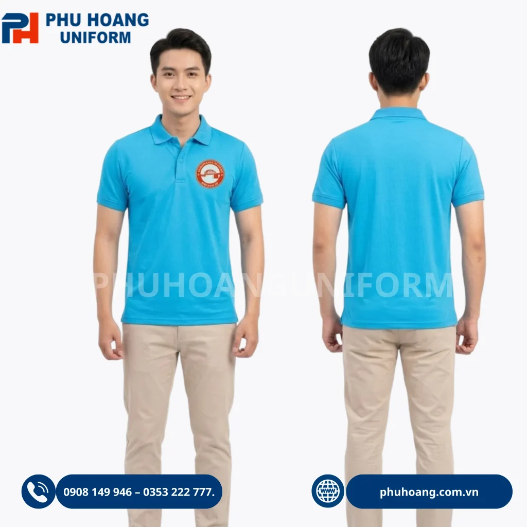 Áo polo đồng phục Phú Hoàng Uniform Áo polo đồng phục may bằng vải cotton, thiết kế lịch sự, thoải mái, phù hợp cho công ty, doanh nghiệp và đội nhóm.