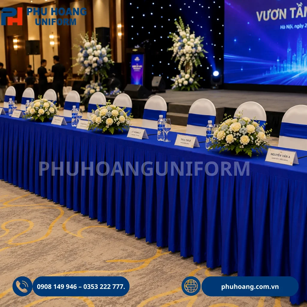 Bán váy quây bàn đẹp, giá tốt Bàn váy quây màu xanh dương trang trí tiệc cưới, hội nghị và sự kiện. Nhận may, cho thuê bàn váy quây theo kích thước và yêu cầu.