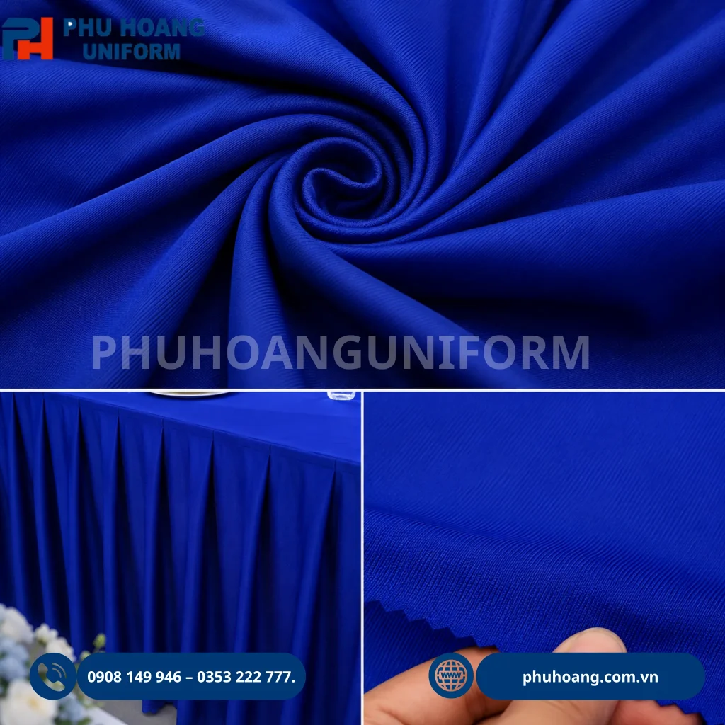 Bán váy quây bàn đẹp, giá tốt Bàn váy quây màu xanh dương trang trí tiệc cưới, hội nghị và sự kiện. Nhận may, cho thuê bàn váy quây theo kích thước và yêu cầu.