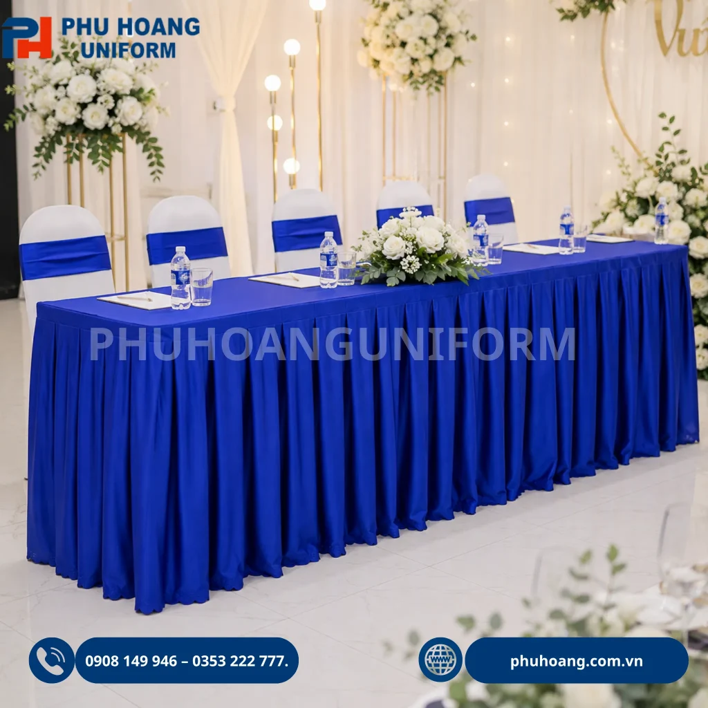 Bán váy quây bàn đẹp, giá tốt Bàn váy quây màu xanh dương trang trí tiệc cưới, hội nghị và sự kiện. Nhận may, cho thuê bàn váy quây theo kích thước và yêu cầu.