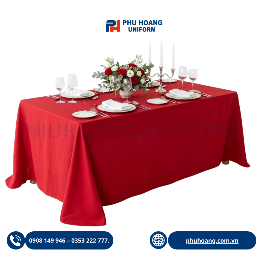 Hình ảnh dịch vụ cho thuê khăn trải bàn màu đỏ số lượng lớn chất lượng cao tại xưởng Phú Hoàng.