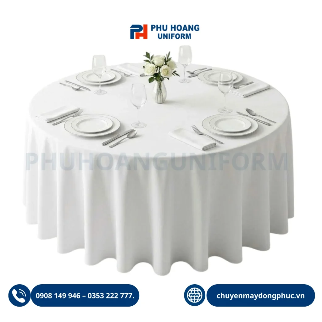 Dịch vụ cho thuê khăn trải bàn tròn trắng cao cấp, chất liệu vải mềm mịn, giao nhanh 24/7 tại Phú Hoàng.