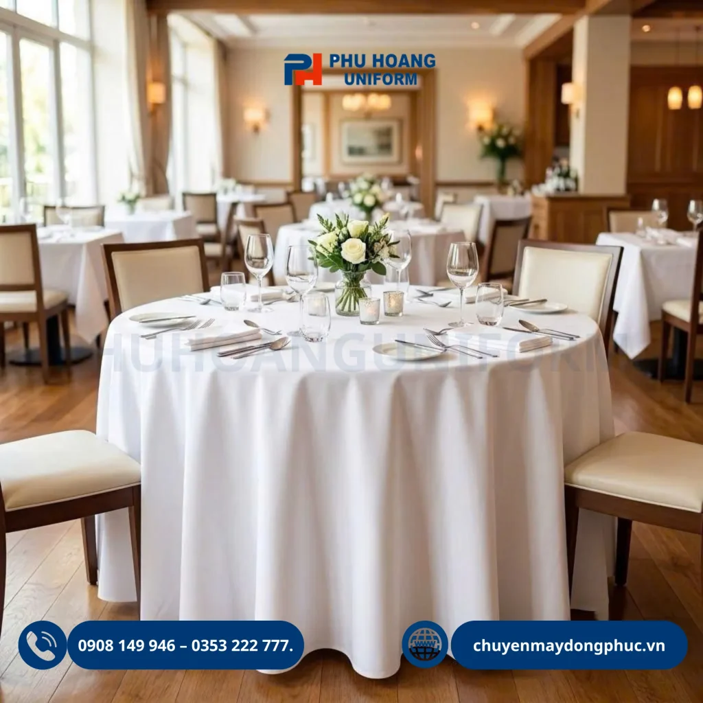 Cận cảnh chất liệu vải khăn trải bàn tròn trắng cao cấp, phẳng phiu và sạch sẽ tuyệt đối, mang lại vẻ đẹp sang trọng cho không gian nhà hàng tiệc cưới.