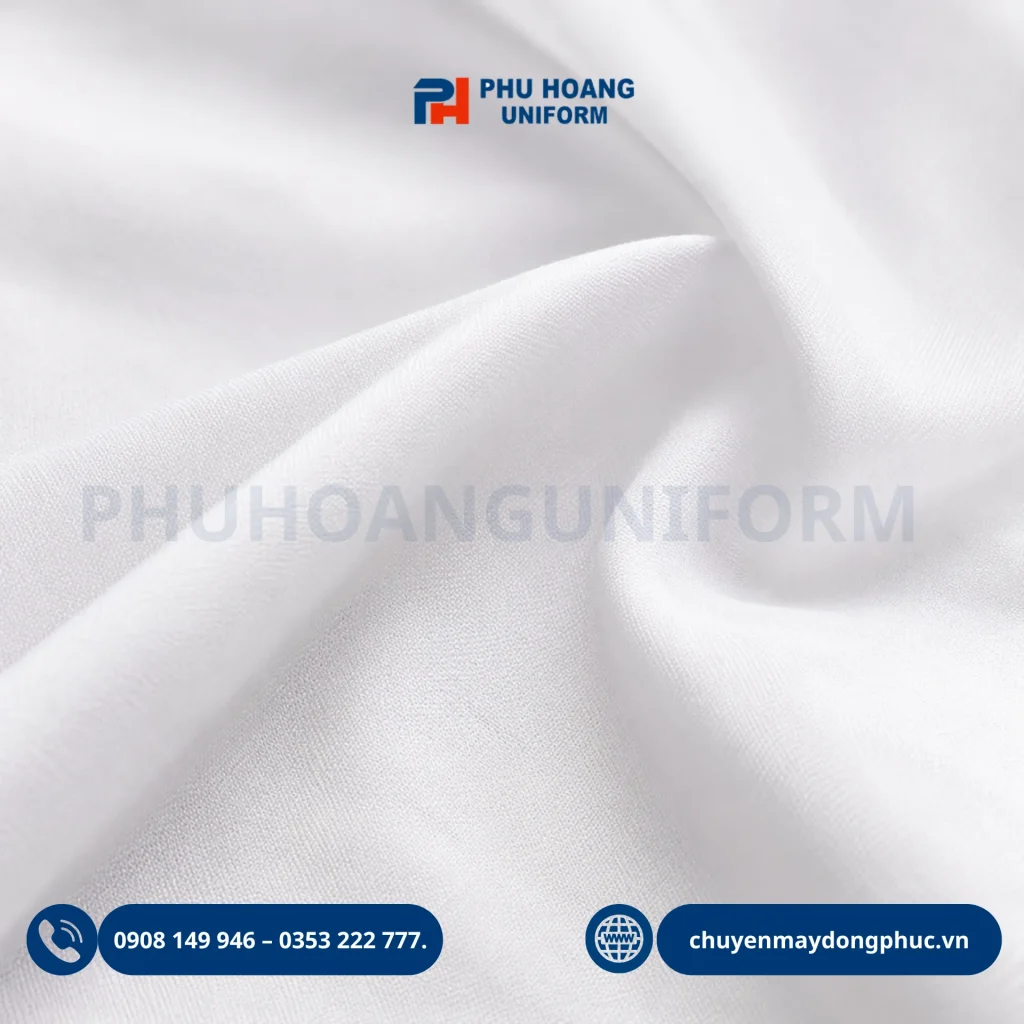 Cận cảnh chất liệu vải khăn trải bàn tròn trắng cao cấp, phẳng phiu và sạch sẽ tuyệt đối, mang lại vẻ đẹp sang trọng cho không gian nhà hàng tiệc cưới.