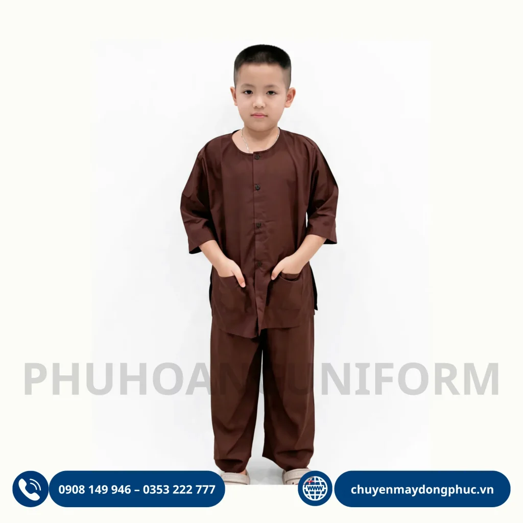 Cho thuê và nhận đặt may áo bà ba trẻ em màu nâu truyền thống, chất liệu thoải mái, phù hợp biểu diễn văn nghệ, lễ hội, chụp ảnh và các sự kiện văn hóa Nam Bộ.