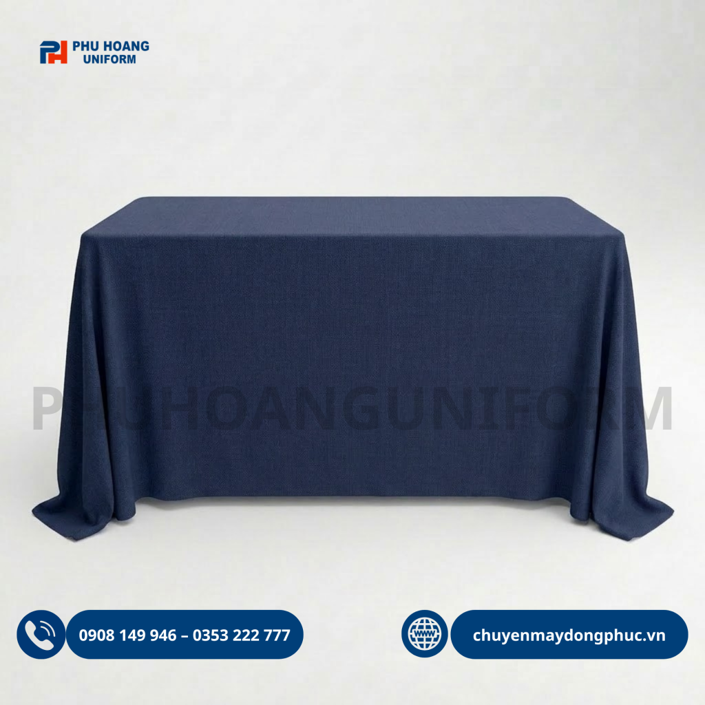 Khăn trải bàn nhiều màu xanh, trắng, đỏ và xanh navy, phù hợp cho nhà hàng, tiệc cưới, khách sạn, sự kiện và nhận đặt may theo yêu cầu.