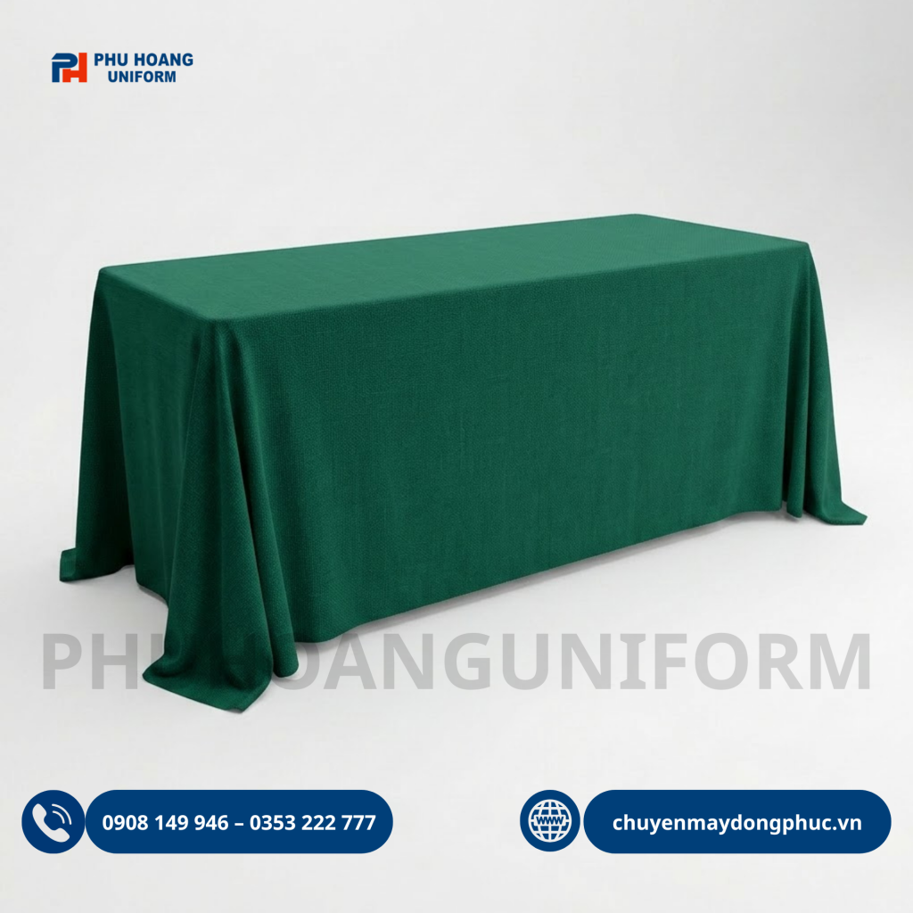 Khăn trải bàn nhiều màu xanh, trắng, đỏ và xanh navy, phù hợp cho nhà hàng, tiệc cưới, khách sạn, sự kiện và nhận đặt may theo yêu cầu.