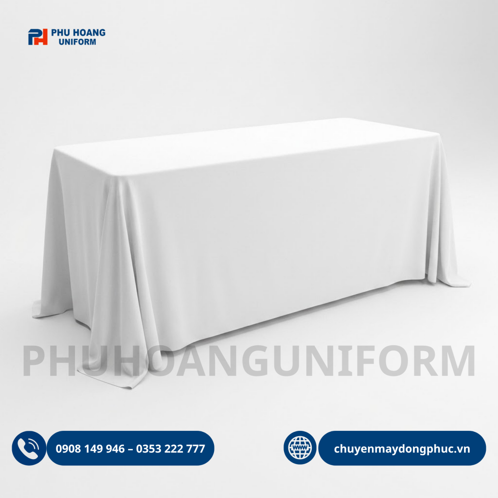 Khăn trải bàn nhiều màu xanh, trắng, đỏ và xanh navy, phù hợp cho nhà hàng, tiệc cưới, khách sạn, sự kiện và nhận đặt may theo yêu cầu.