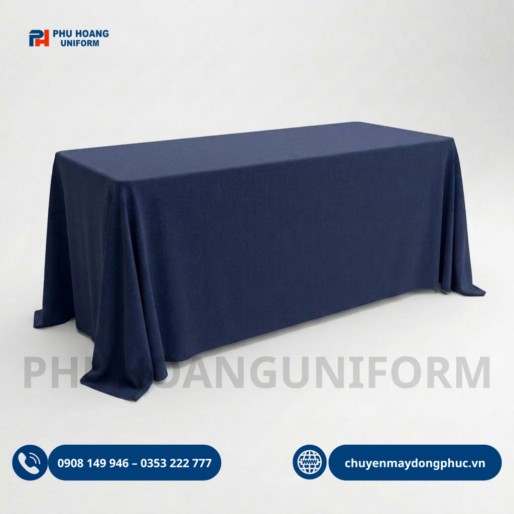 Khăn trải bàn nhiều màu xanh, trắng, đỏ và xanh navy, phù hợp cho nhà hàng, tiệc cưới, khách sạn, sự kiện và nhận đặt may theo yêu cầu.