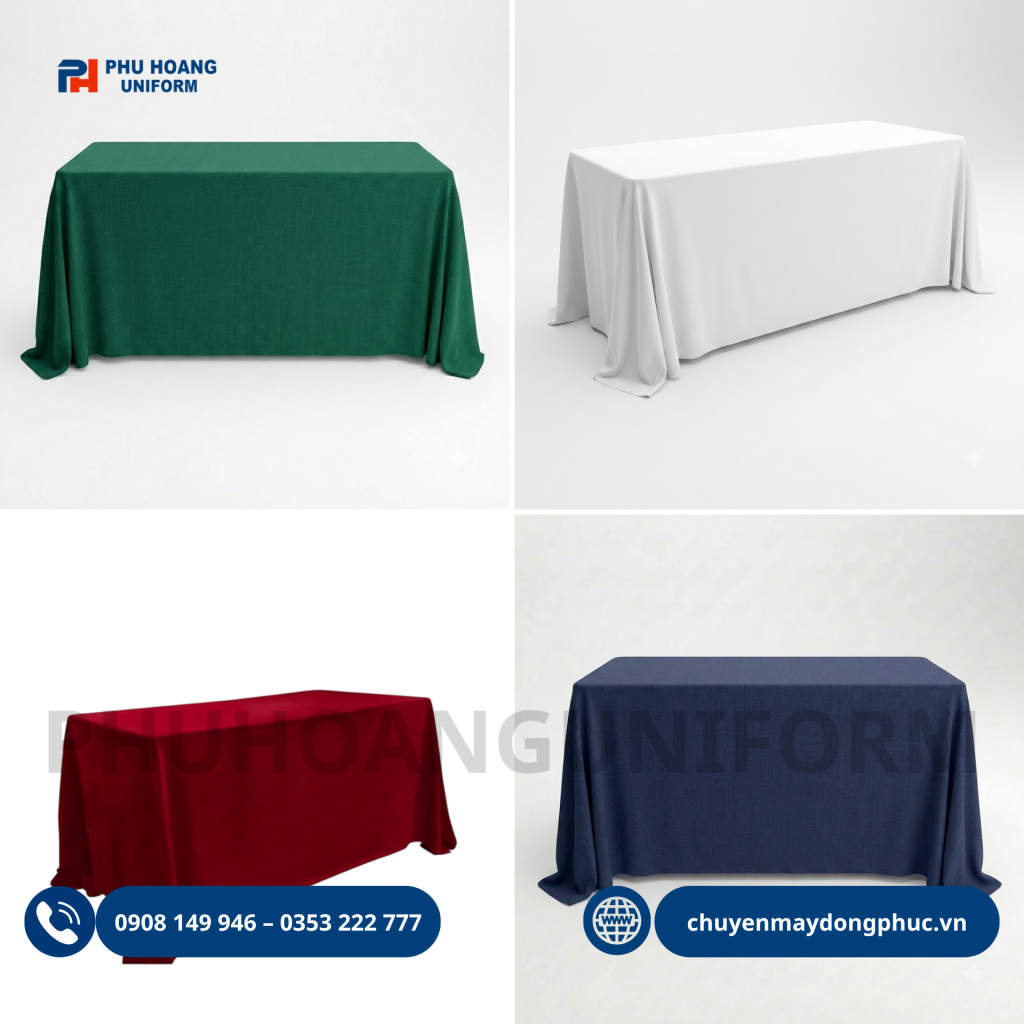 Khăn trải bàn nhiều màu xanh, trắng, đỏ và xanh navy, phù hợp cho nhà hàng, tiệc cưới, khách sạn, sự kiện và nhận đặt may theo yêu cầu.