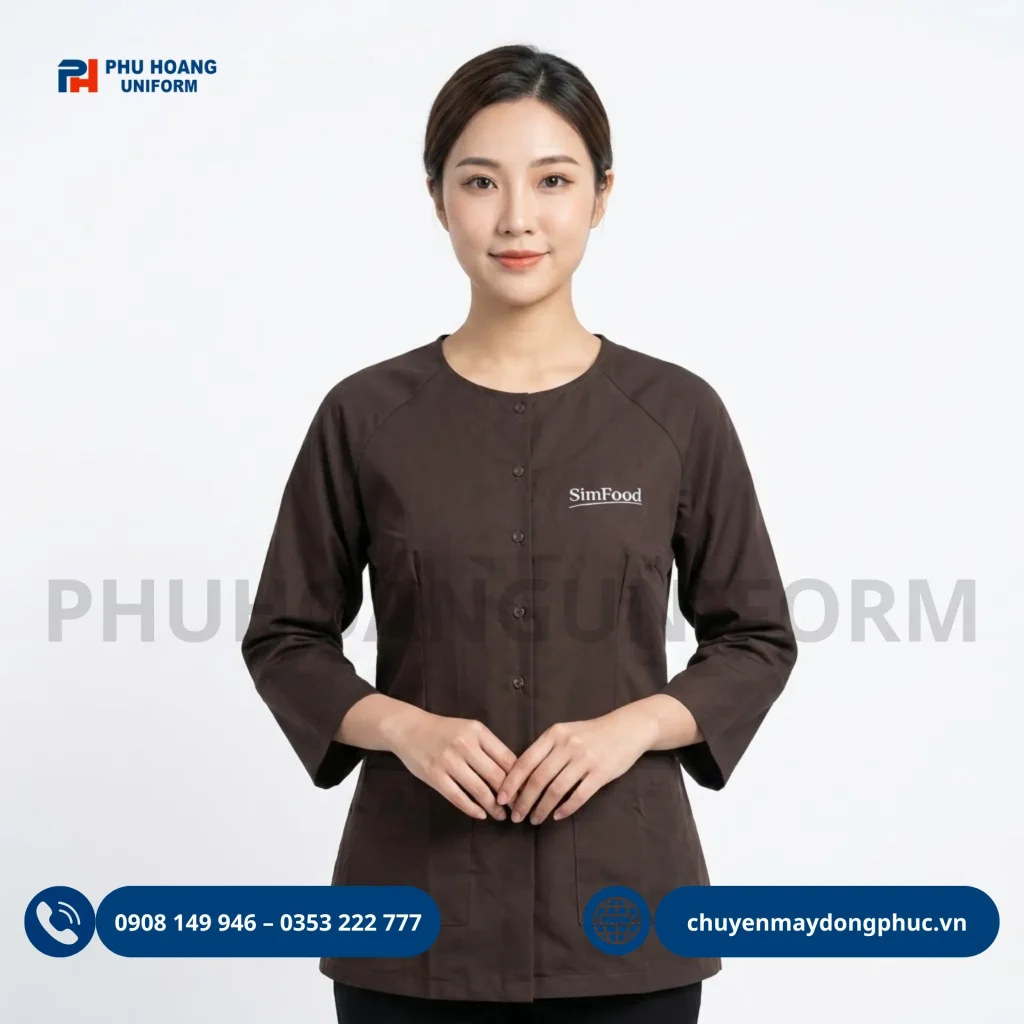 Mẫu áo bà ba đồng phục màu nâu tay dài, thiết kế lịch sự và thoải mái, phù hợp cho nhân viên nhà hàng, quán ăn, doanh nghiệp, sự kiện và đội nhóm.