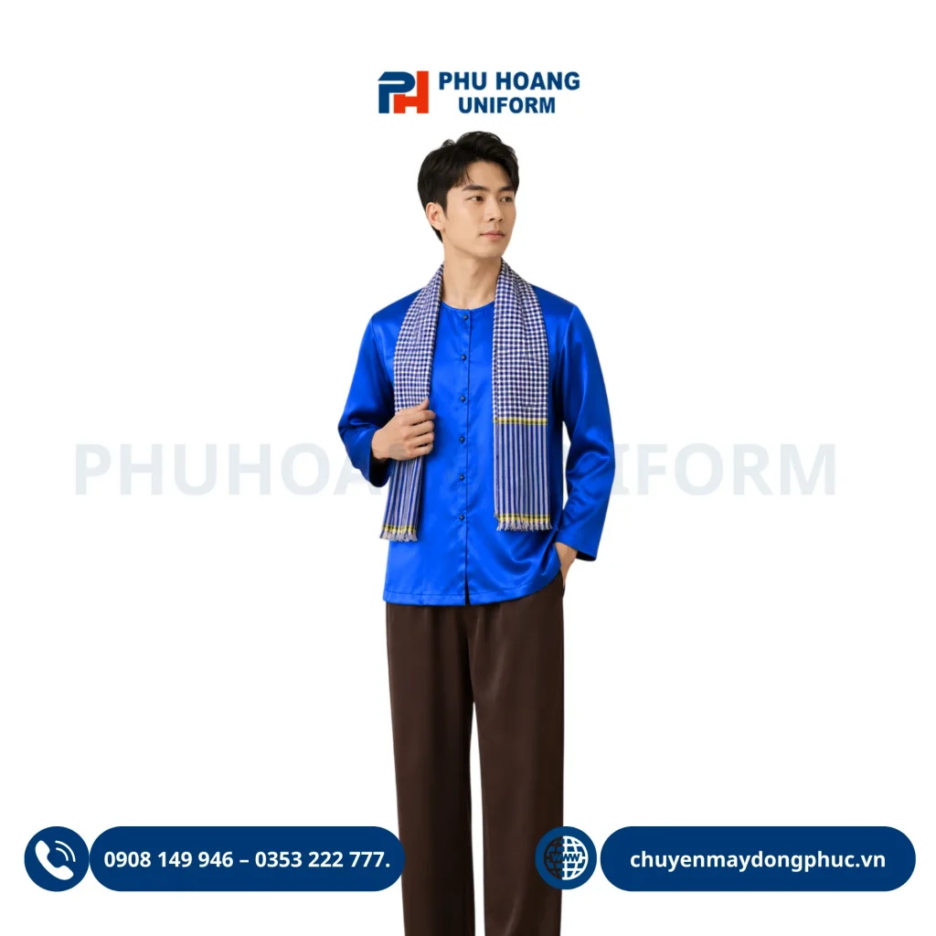 Nhận may áo bà ba đồng phục theo yêu cầu màu xanh dương nam tính cho nhân viên phục vụ nhà hàng.