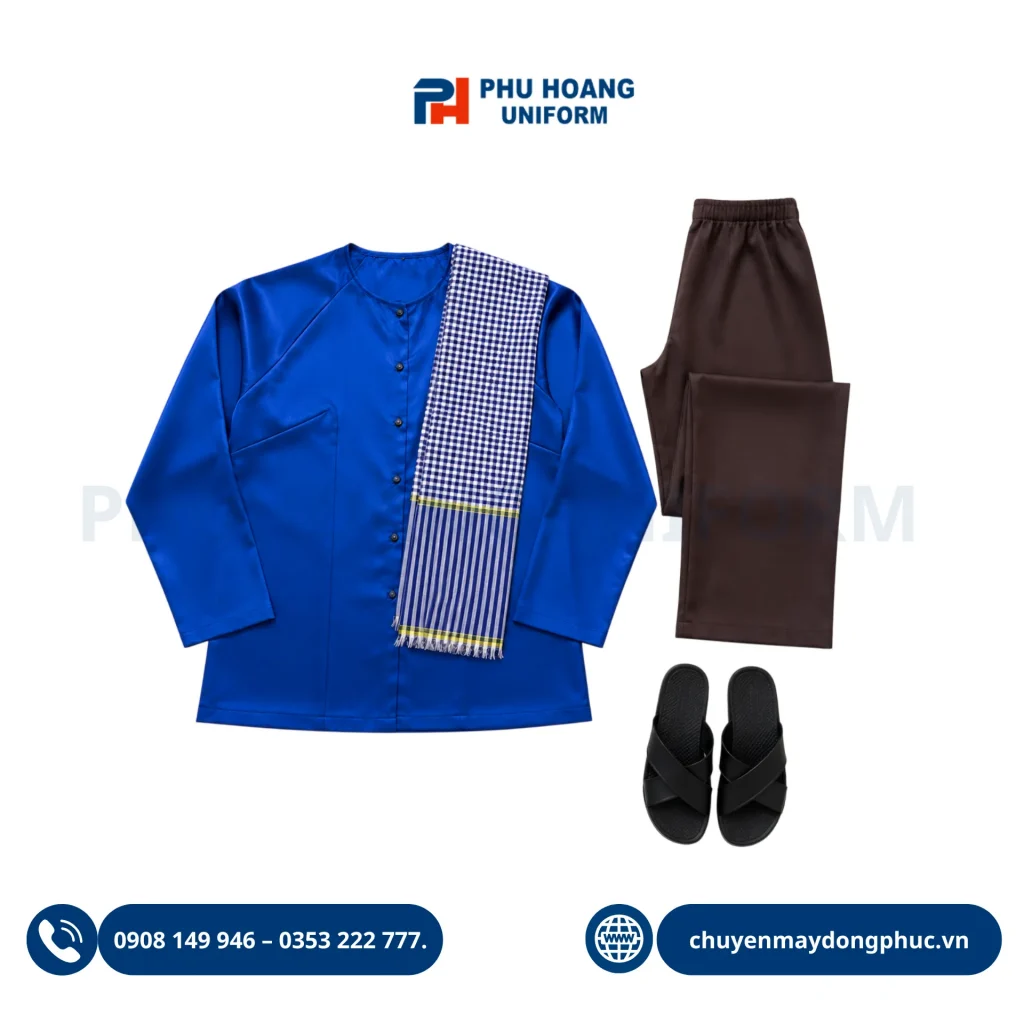 Nhận may áo bà ba đồng phục theo yêu cầu màu xanh dương nam tính cho nhân viên phục vụ nhà hàng.