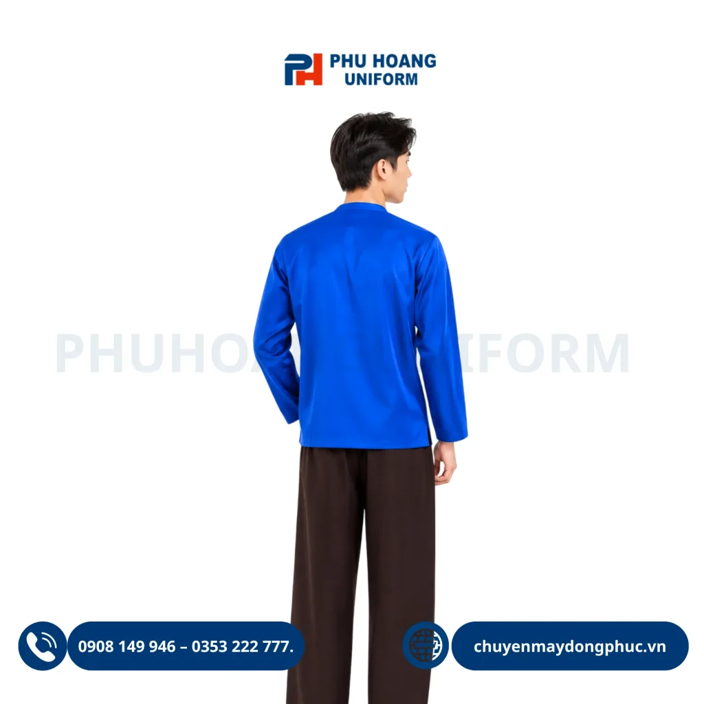 Nhận may áo bà ba đồng phục theo yêu cầu màu xanh dương nam tính cho nhân viên phục vụ nhà hàng.