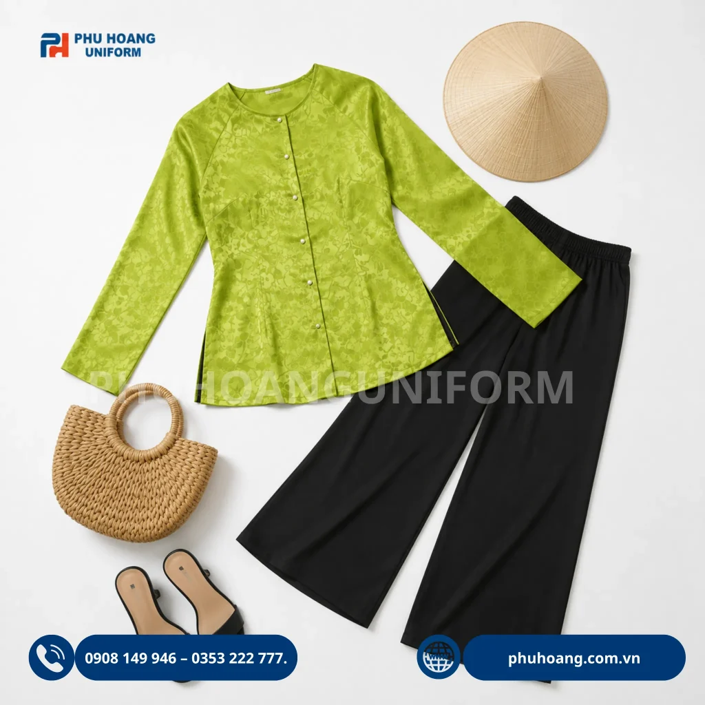 Mẫu áo bà ba đồng phục xanh lá cốm phối quần đen Hình ảnh mẫu nữ Việt Nam mặc áo bà ba đồng phục màu xanh lá cốm, phối quần đen, tạo dáng thanh lịch cùng nón lá trên nền trắng. Thiết kế áo bà ba mang phong cách truyền thống, dịu dàng và hiện đại.