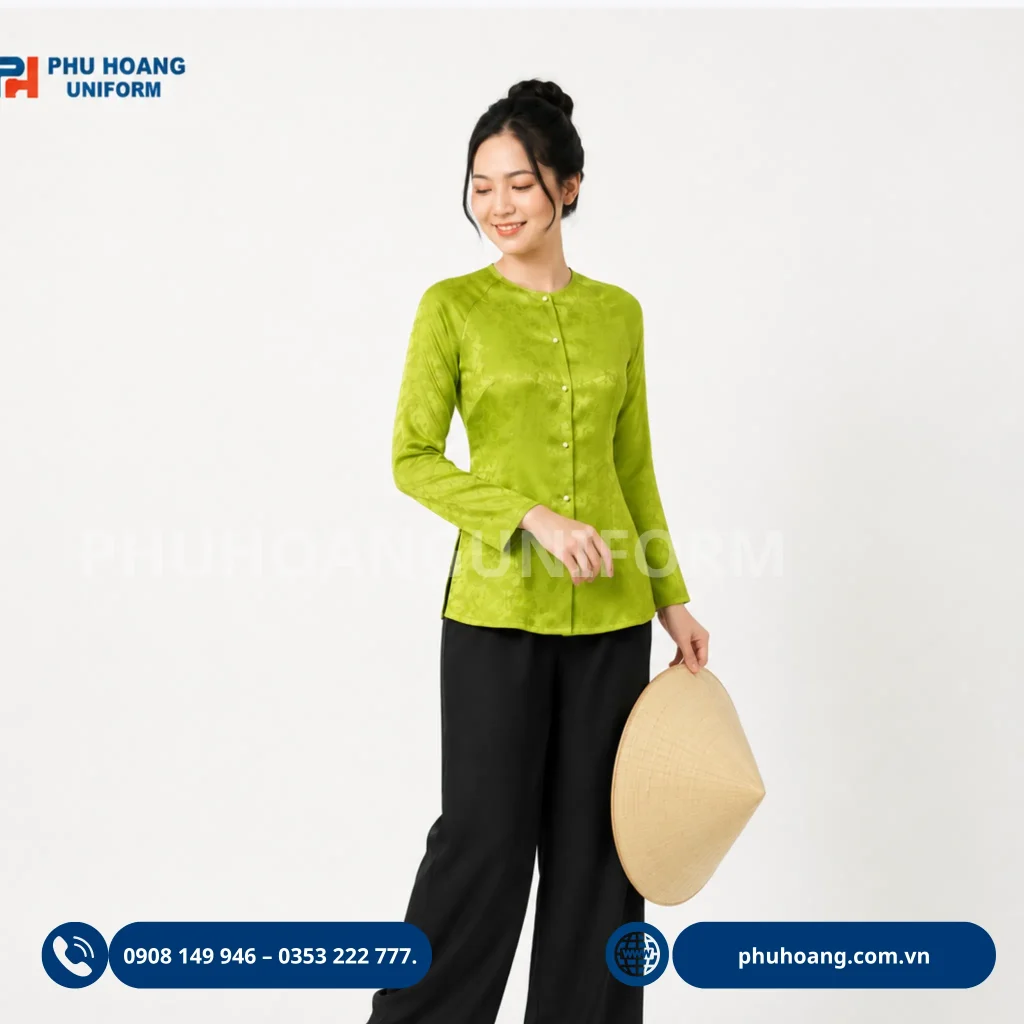Mẫu áo bà ba đồng phục xanh lá cốm phối quần đen Hình ảnh mẫu nữ Việt Nam mặc áo bà ba đồng phục màu xanh lá cốm, phối quần đen, tạo dáng thanh lịch cùng nón lá trên nền trắng. Thiết kế áo bà ba mang phong cách truyền thống, dịu dàng và hiện đại.
