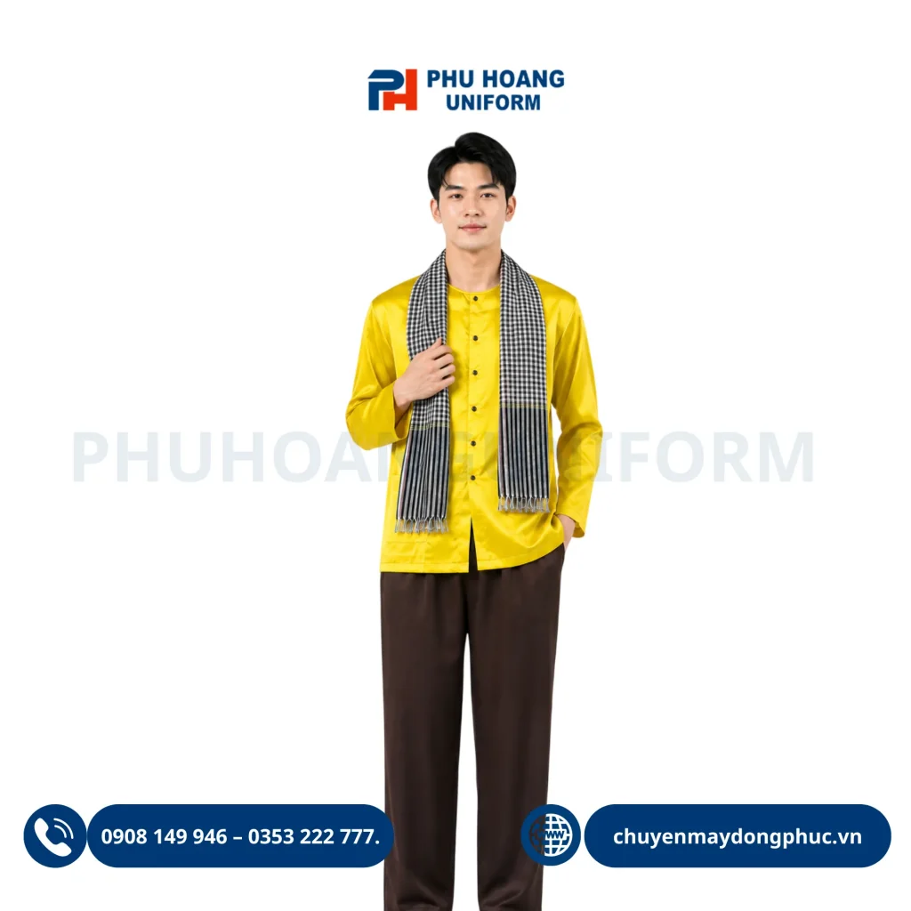 Mẫu thiết kế áo bà ba nam màu vàng nổi bật phối cùng quần lụa nâu và khăn rằn, phù hợp làm đồng phục cho các nhà hàng ẩm thực đồng quê.