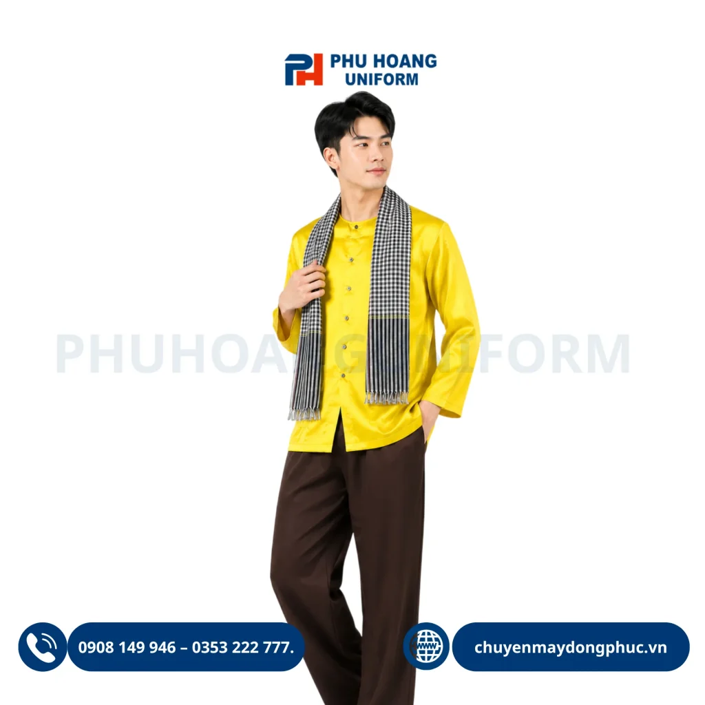 Mẫu thiết kế áo bà ba nam màu vàng nổi bật phối cùng quần lụa nâu và khăn rằn, phù hợp làm đồng phục cho các nhà hàng ẩm thực đồng quê.