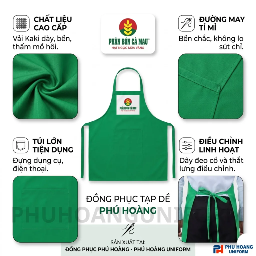 Xưởng may tạp dề đồng phục màu xanh lá theo yêu cầu Xưởng may tạp dề đồng phục màu xanh lá theo yêu cầu, phù hợp nhà hàng, quán ăn, quán cà phê, khách sạn và doanh nghiệp. Nhận may tạp dề số lượng lớn.