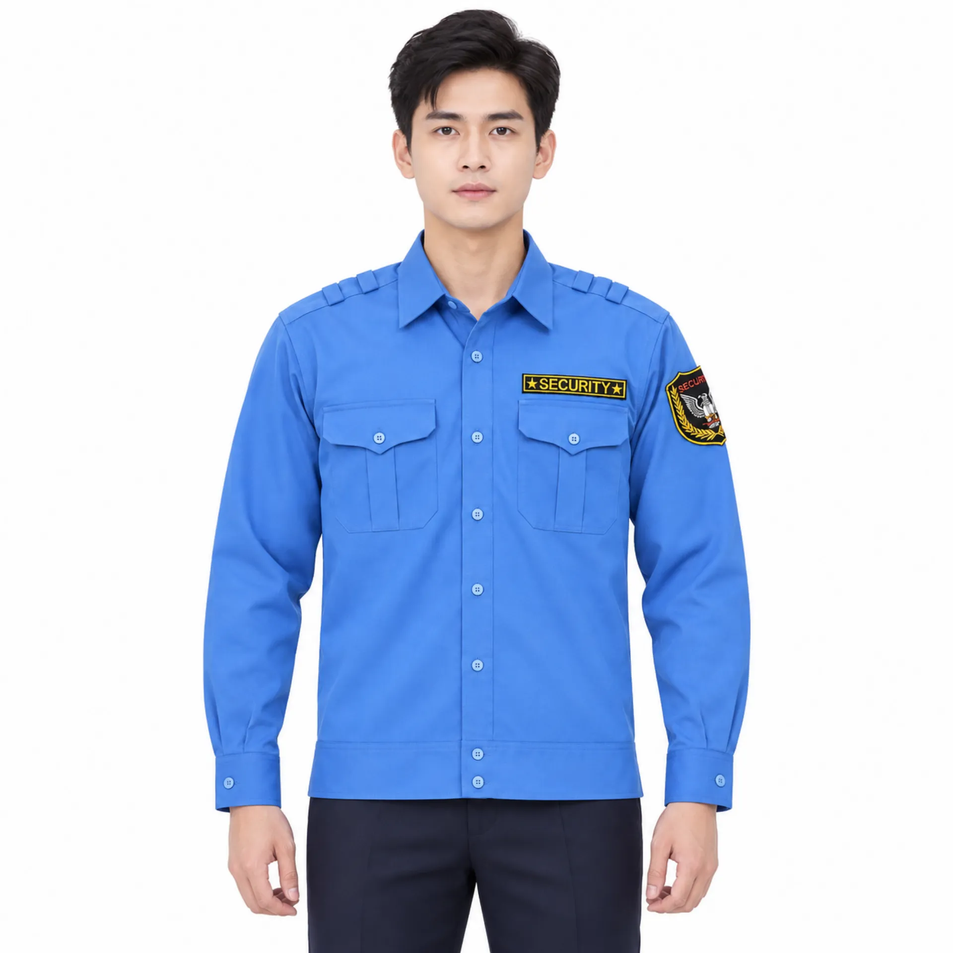 ao-bao-ve Áo bảo vệ tay dài bo gấu màu xanh dương, thiết kế lịch sự, chuyên nghiệp, phù hợp làm đồng phục bảo vệ.