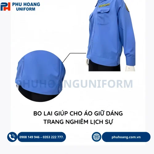 Áo bảo vệ tay dài bo gấu màu xanh dương, thiết kế lịch sự, chuyên nghiệp, phù hợp làm đồng phục bảo vệ.