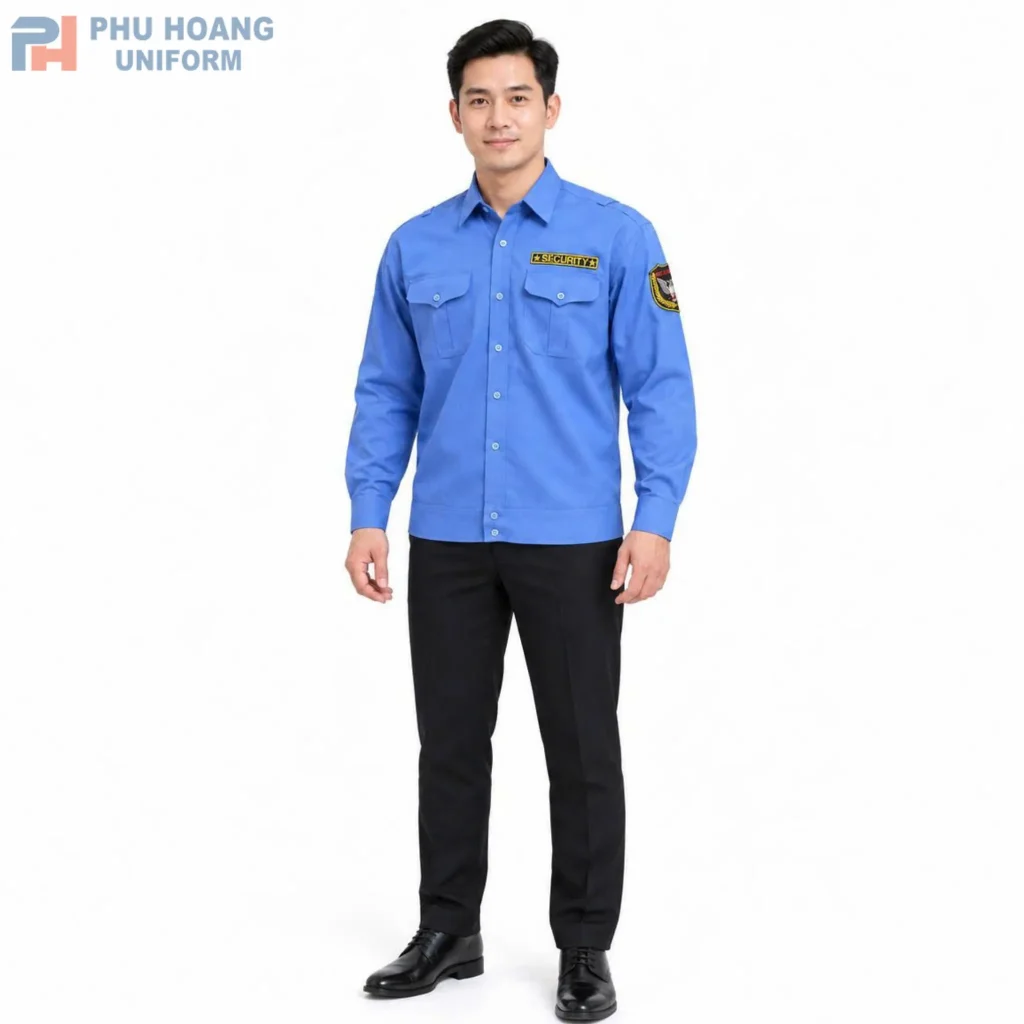 Áo bảo vệ tay dài bo gấu màu xanh dương Áo bảo vệ tay dài bo gấu màu xanh dương, thiết kế lịch sự, chuyên nghiệp, phù hợp làm đồng phục bảo vệ.