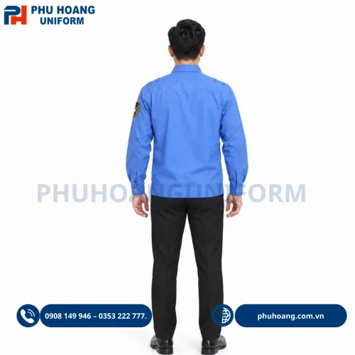 Áo bảo vệ tay dài bo gấu màu xanh dương, thiết kế lịch sự, chuyên nghiệp, phù hợp làm đồng phục bảo vệ.