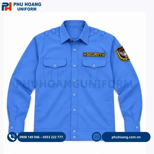 Áo bảo vệ tay dài bo gấu màu xanh dương, thiết kế lịch sự, chuyên nghiệp, phù hợp làm đồng phục bảo vệ.