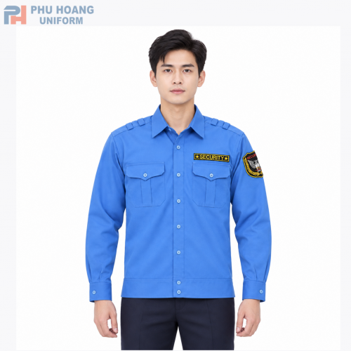 Áo bảo vệ tay dài bo gấu màu xanh dương, thiết kế lịch sự, chuyên nghiệp, phù hợp làm đồng phục bảo vệ.