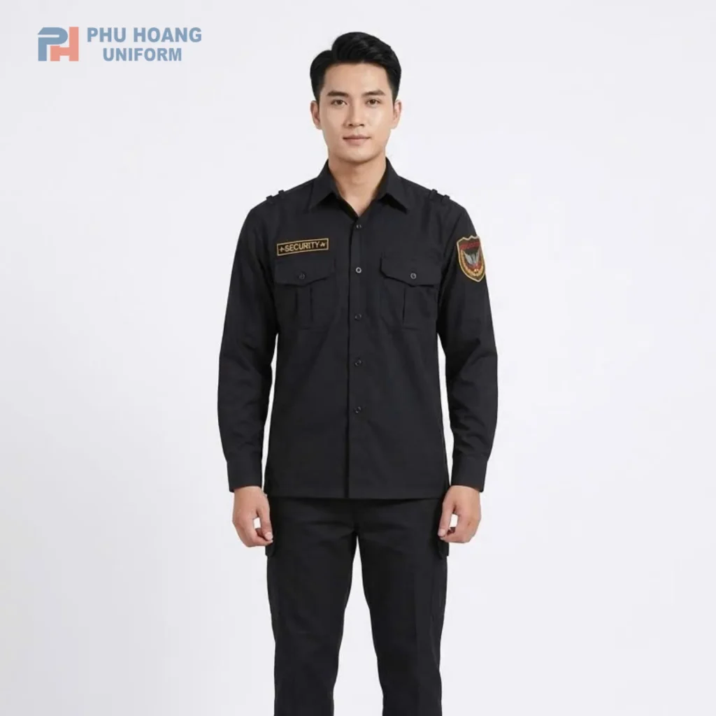 Áo bảo vệ màu đen tay dài Áo bảo vệ tay dài màu đen chất liệu vải kaki cao cấp may sẵn tại Phú Hoàng Uniform