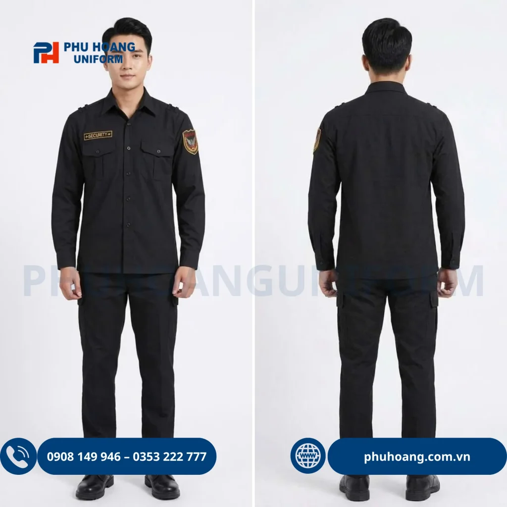 Áo bảo vệ màu đen tay dài Áo bảo vệ tay dài màu đen chất liệu vải kaki cao cấp may sẵn tại Phú Hoàng Uniform