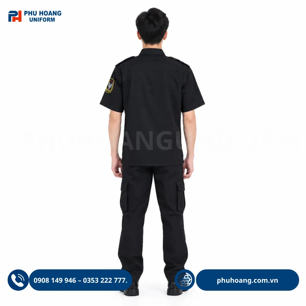 Áo bảo vệ tay ngắn màu đen do Phú Hoàng sản xuất Áo bảo vệ tay ngắn màu đen, thiết kế chuyên nghiệp, form áo gọn gàng, phù hợp làm đồng phục bảo vệ công ty, tòa nhà, nhà hàng.