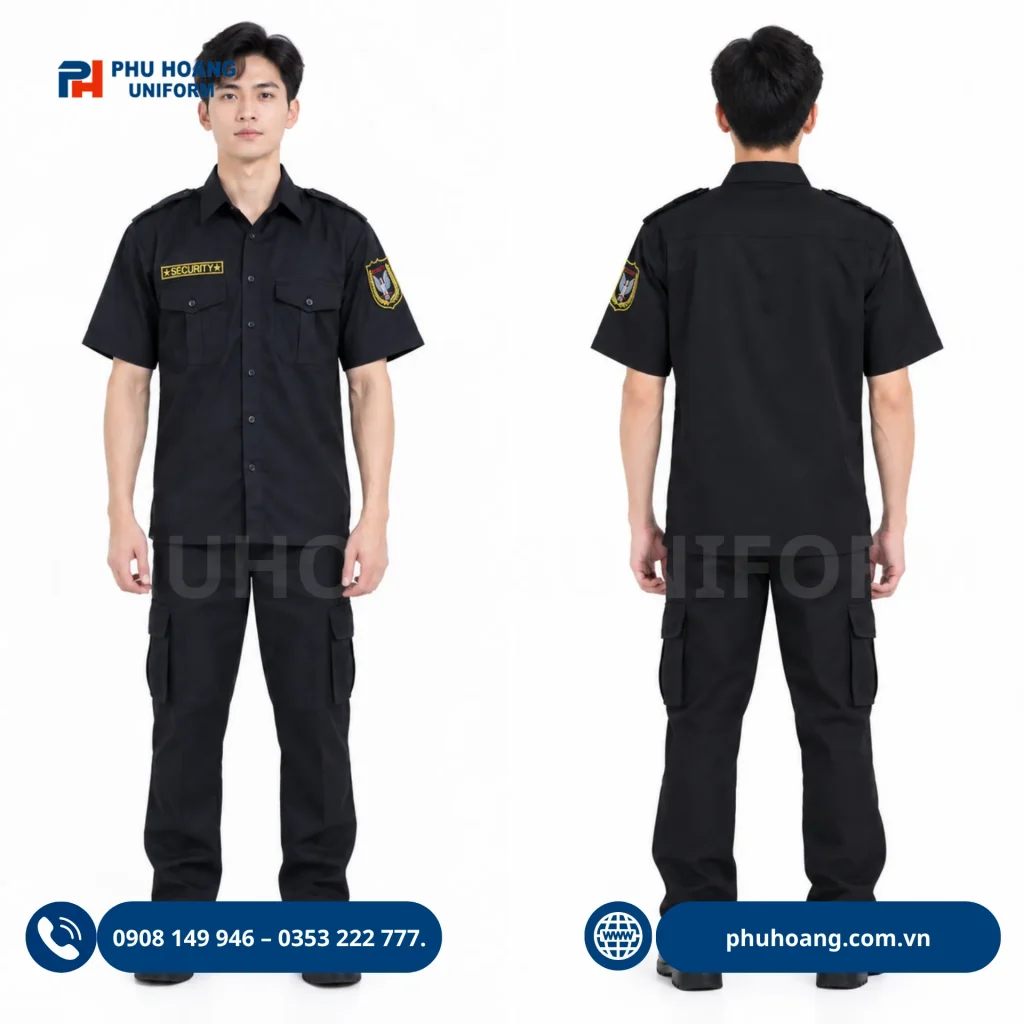 Áo bảo vệ tay ngắn màu đen do Phú Hoàng sản xuất Áo bảo vệ tay ngắn màu đen, thiết kế chuyên nghiệp, form áo gọn gàng, phù hợp làm đồng phục bảo vệ công ty, tòa nhà, nhà hàng.