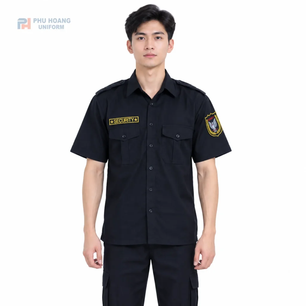 Áo bảo vệ tay ngắn màu đen do Phú Hoàng sản xuất Áo bảo vệ tay ngắn màu đen, thiết kế chuyên nghiệp, form áo gọn gàng, phù hợp làm đồng phục bảo vệ công ty, tòa nhà, nhà hàng.