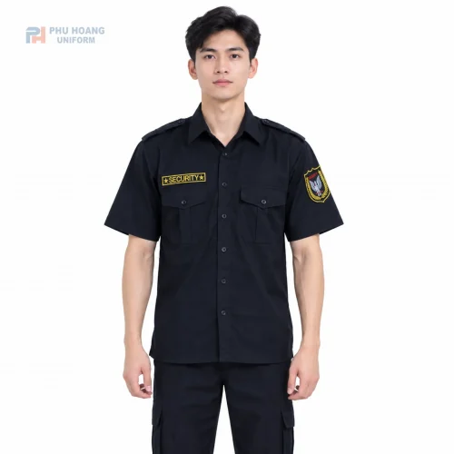 Áo bảo vệ tay ngắn màu đen, thiết kế chuyên nghiệp, form áo gọn gàng, phù hợp làm đồng phục bảo vệ công ty, tòa nhà, nhà hàng.