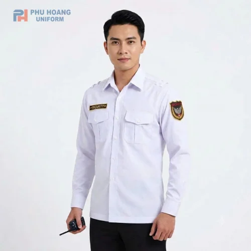 Áo bảo vệ tay dài màu trắng cao cấp, thiết kế chuẩn form, vải kate thun bền đẹp, thoáng mát. Sản phẩm chính hãng từ Phú Hoàng Uniform.