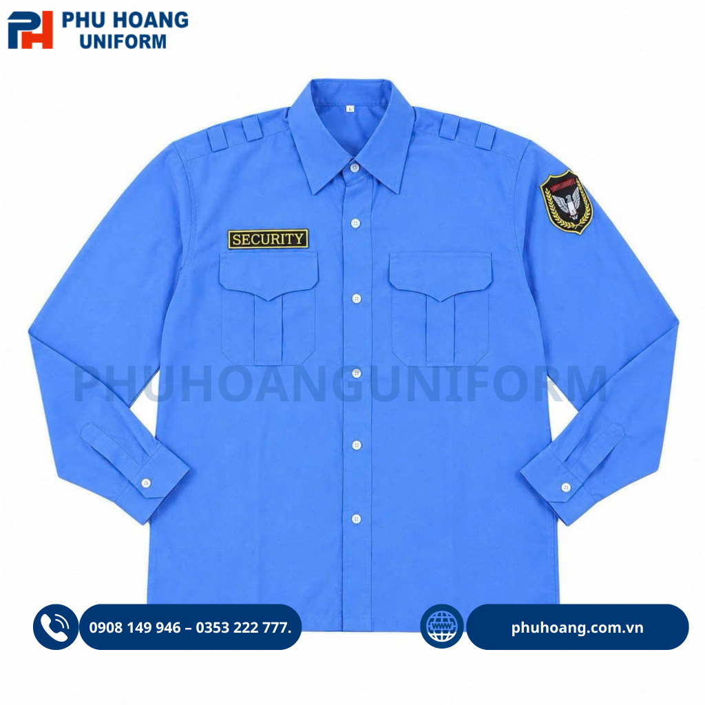 Áo bảo vệ tay dài màu xanh dương cao cấp, form chuẩn đẹp do Phú Hoàng sản xuất. Áo bảo vệ tay dài bo gấu màu xanh dương, thiết kế lịch sự, chuyên nghiệp, phù hợp làm đồng phục bảo vệ.
