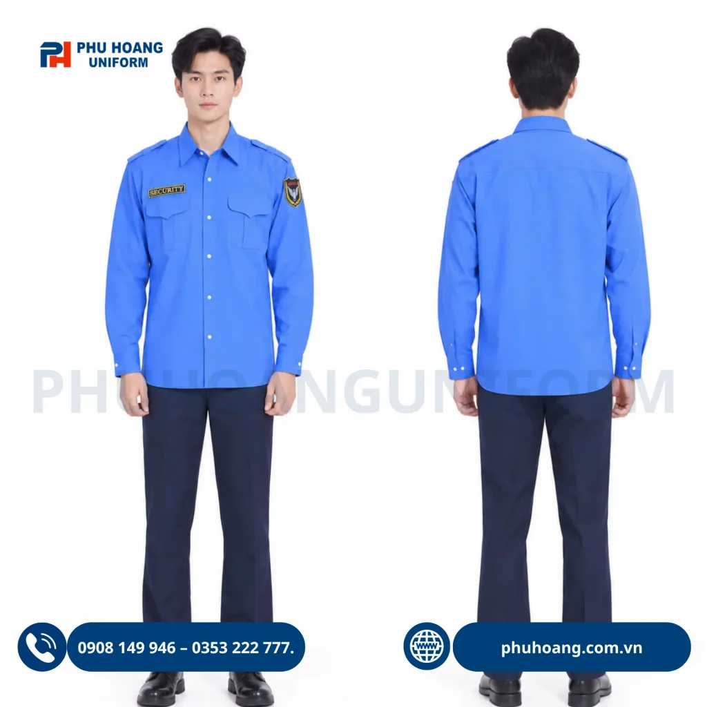 Áo Bảo Vệ Tay Dài Màu Xanh - Phú Hoàng Uniform Áo bảo vệ tay dài màu xanh dương cao cấp, form chuẩn đẹp do Phú Hoàng sản xuất.