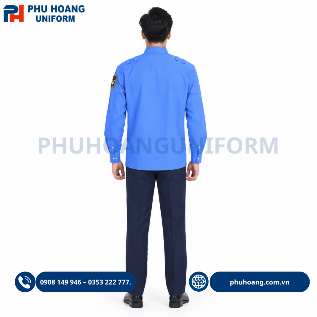 Áo bảo vệ tay dài màu xanh dương cao cấp, form chuẩn đẹp do Phú Hoàng sản xuất. Áo bảo vệ tay dài bo gấu màu xanh dương, thiết kế lịch sự, chuyên nghiệp, phù hợp làm đồng phục bảo vệ.