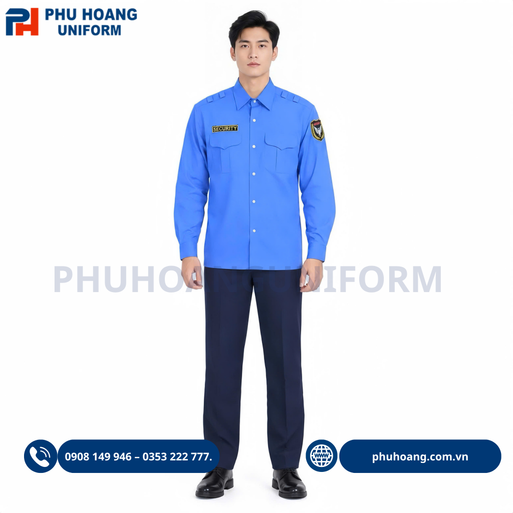 Áo bảo vệ tay dài màu xanh dương cao cấp, form chuẩn đẹp do Phú Hoàng sản xuất. Áo bảo vệ tay dài bo gấu màu xanh dương, thiết kế lịch sự, chuyên nghiệp, phù hợp làm đồng phục bảo vệ.